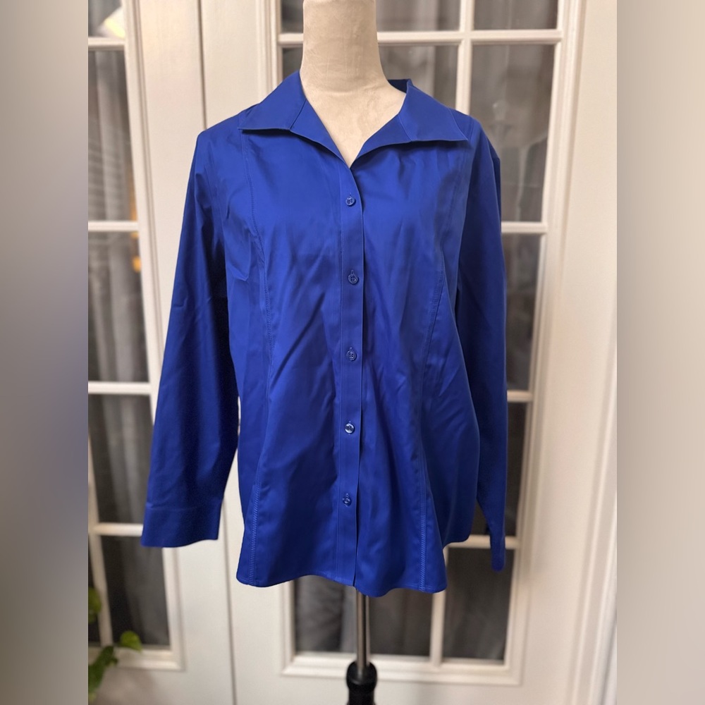 Chico’s 3 (XL) Royal Blue No-Iron Button Front Shirt 100% Cotton